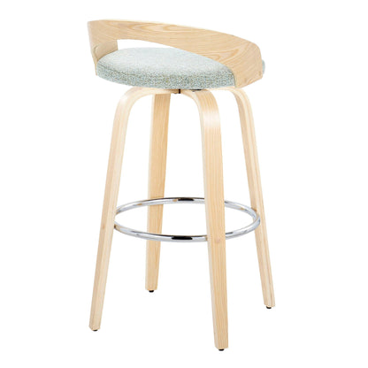 Contemporary fixed-height barstool set with swivel cushioned seat, gray fabric, wood frame on Tampa Home & Garden Store