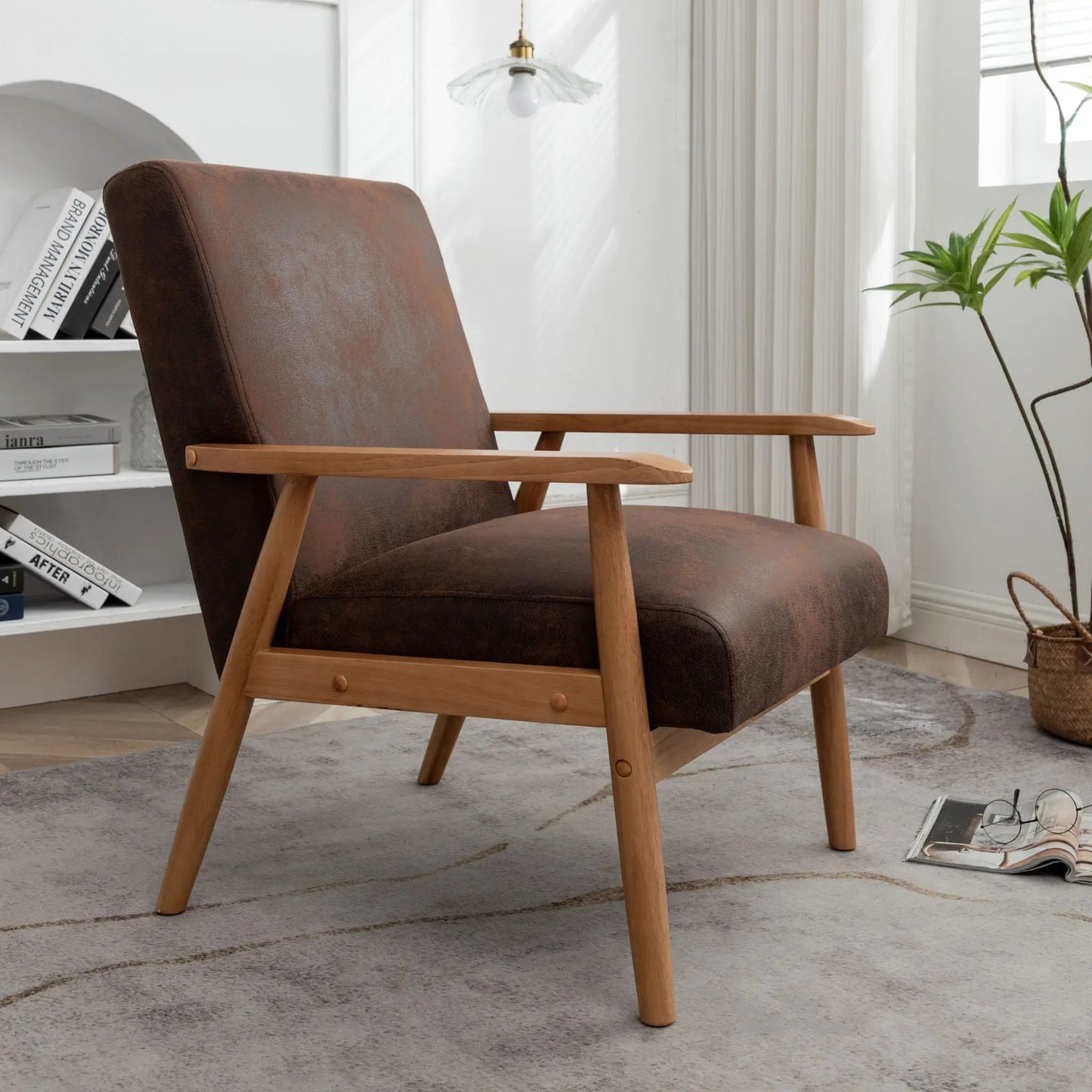 Brown Wide Arm Chair Solid Wood Frame Upholstery
