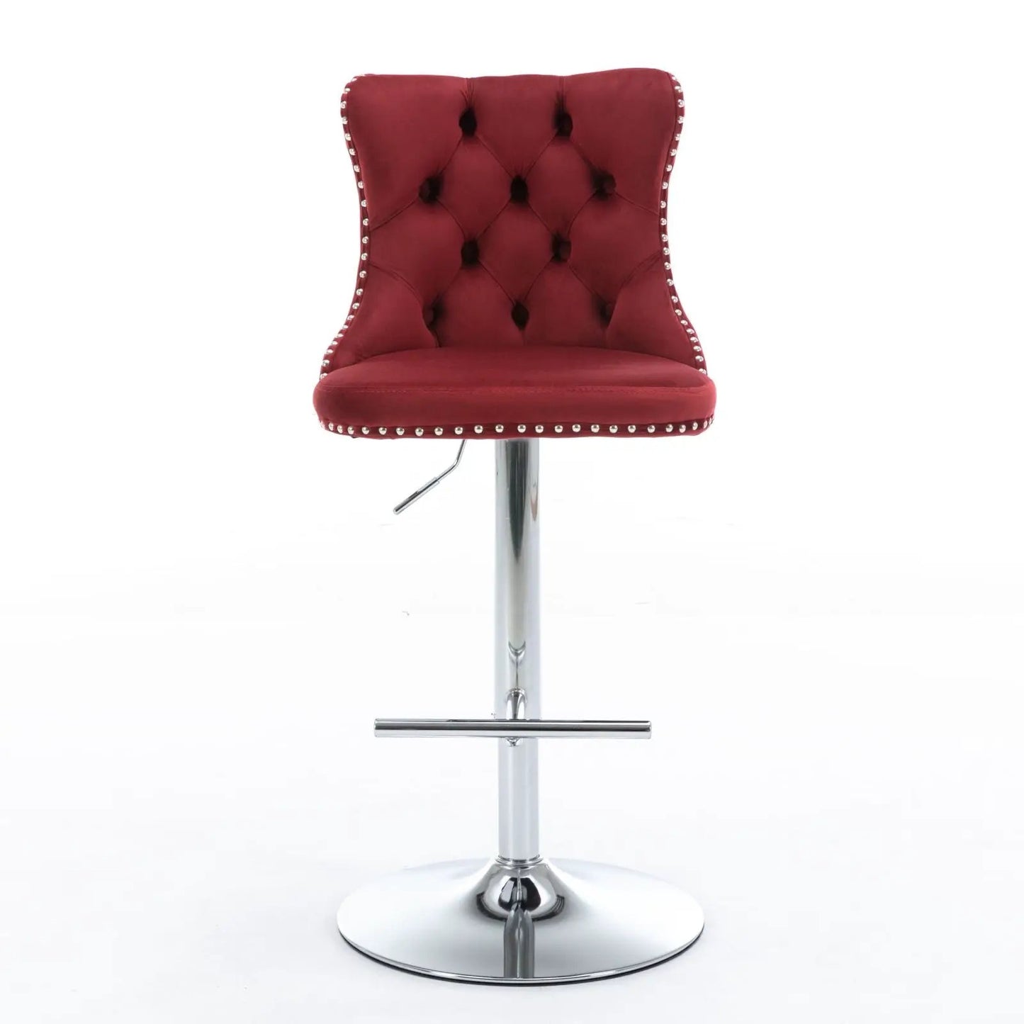 Red tufted swivel bar stool with back, adjustable height, chrome base and nailhead trim on Tampa Home & Garden Store