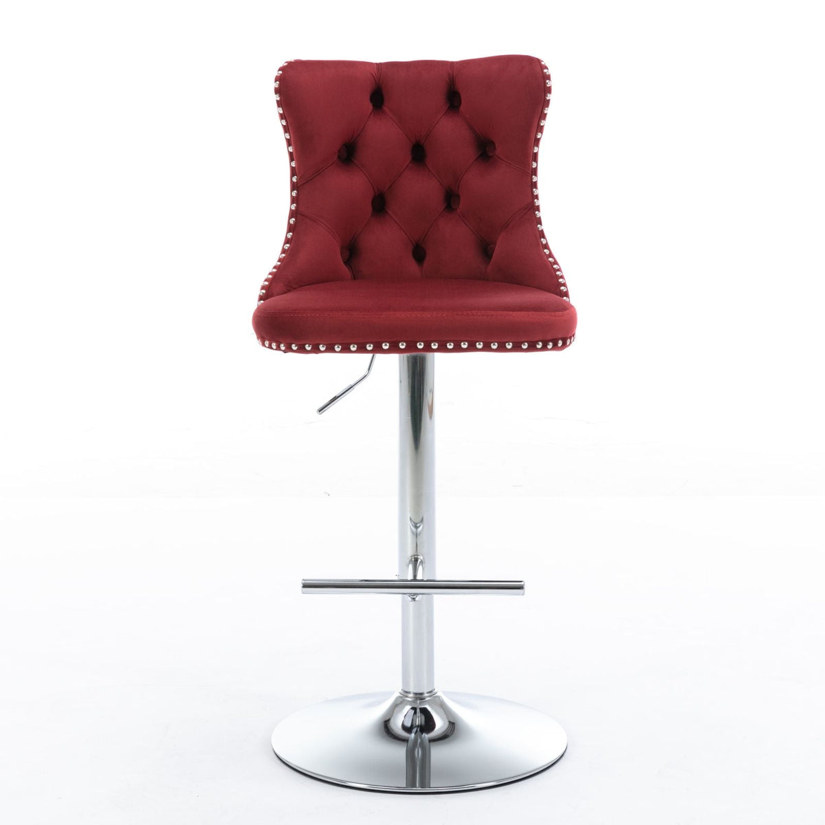Swivel adjustable-height red velvet barstool with tufted back, chrome pedestal base on Tampa Home & Garden Store