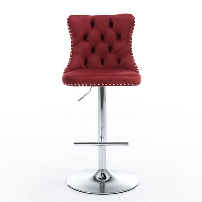 Swivel adjustable-height red velvet barstool with tufted back, chrome pedestal base on Tampa Home & Garden Store