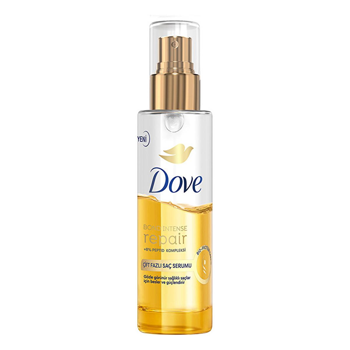 Dove Hair Repair Serum bottle with gold pump and white gold label Bond Intense Repair on Tampa Home & Garden Store