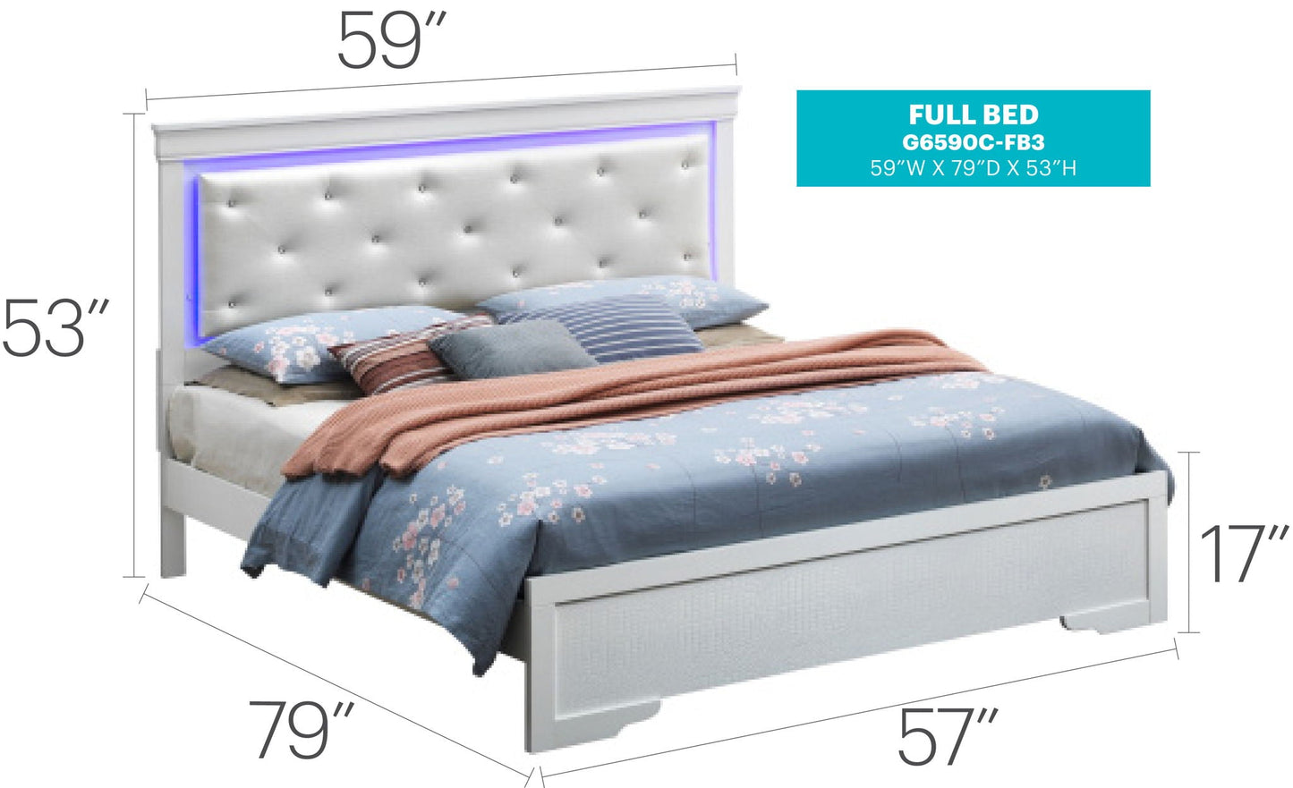 LED Elegant Bed upholstered white tufted headboard with blue LED accents by HouseOfZazla on Tampa Home & Garden Store