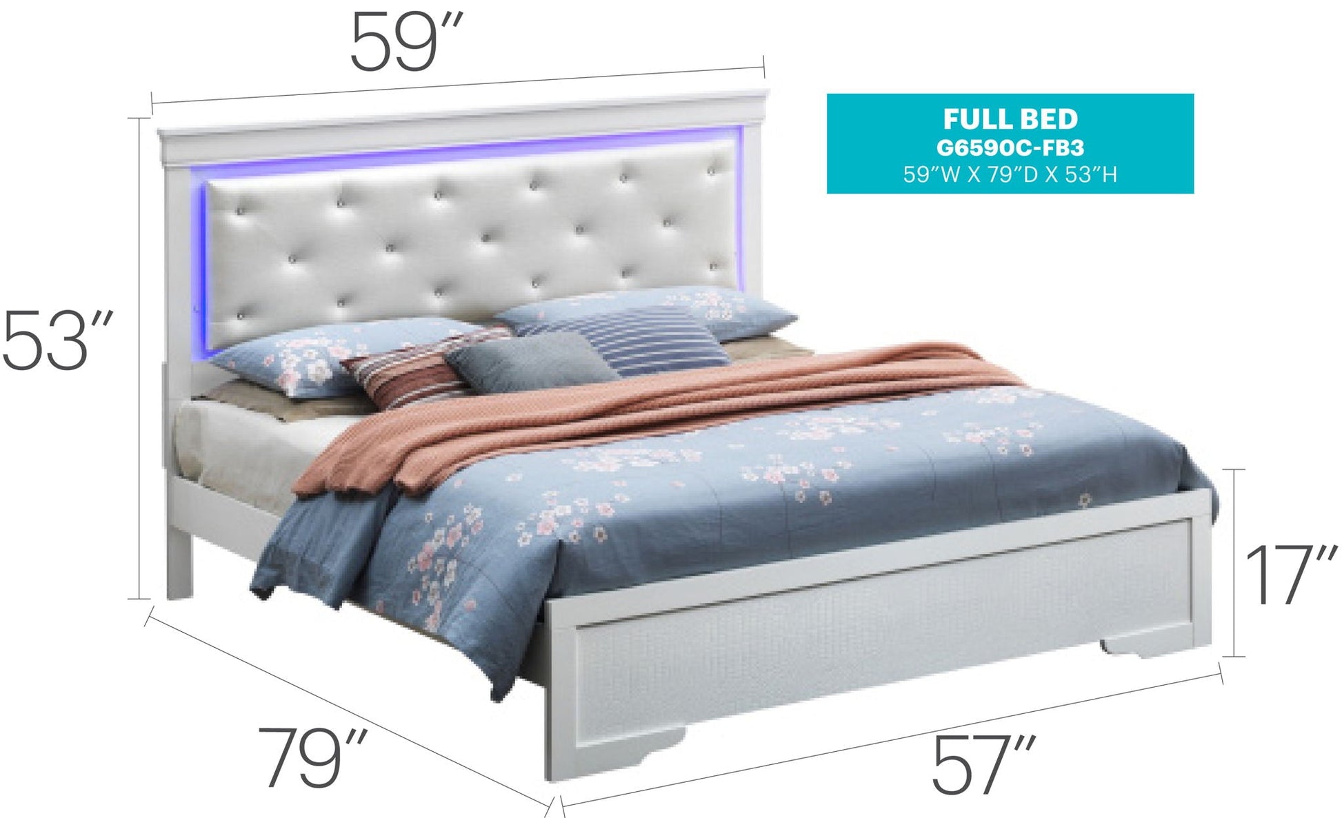 LED Elegant Bed upholstered white tufted headboard with blue LED accents by HouseOfZazla on Tampa Home & Garden Store