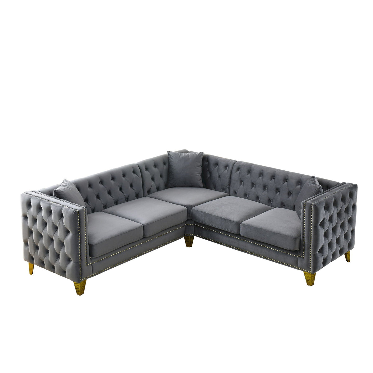 L-Shaped Corner Sofa 5-Seater tufted gray velvet sectional with nailhead trim and gold legs on Tampa Home & Garden Store