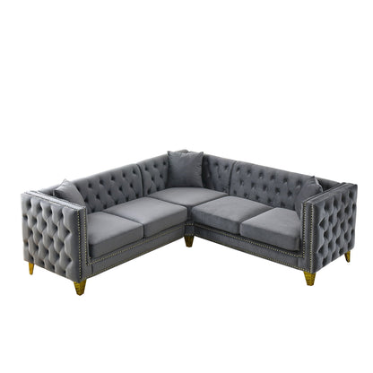 L-Shaped Corner Sofa 5-Seater tufted gray velvet sectional with nailhead trim and gold legs on Tampa Home & Garden Store