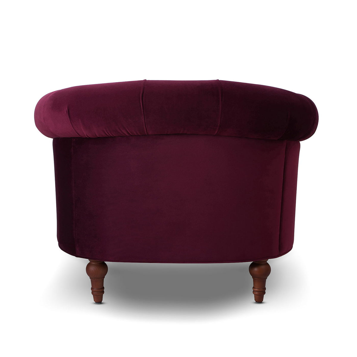 Victorian tufted accent chair in dark red velvet with rounded back and turned wood legs on Tampa Home & Garden Store