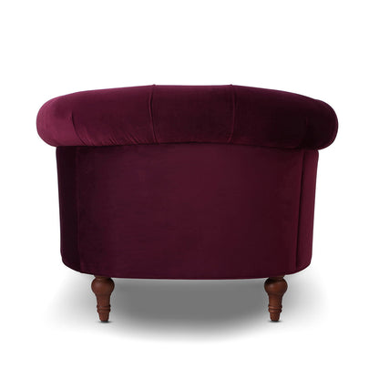 Victorian tufted accent chair in dark red velvet with rounded back and turned wood legs on Tampa Home & Garden Store