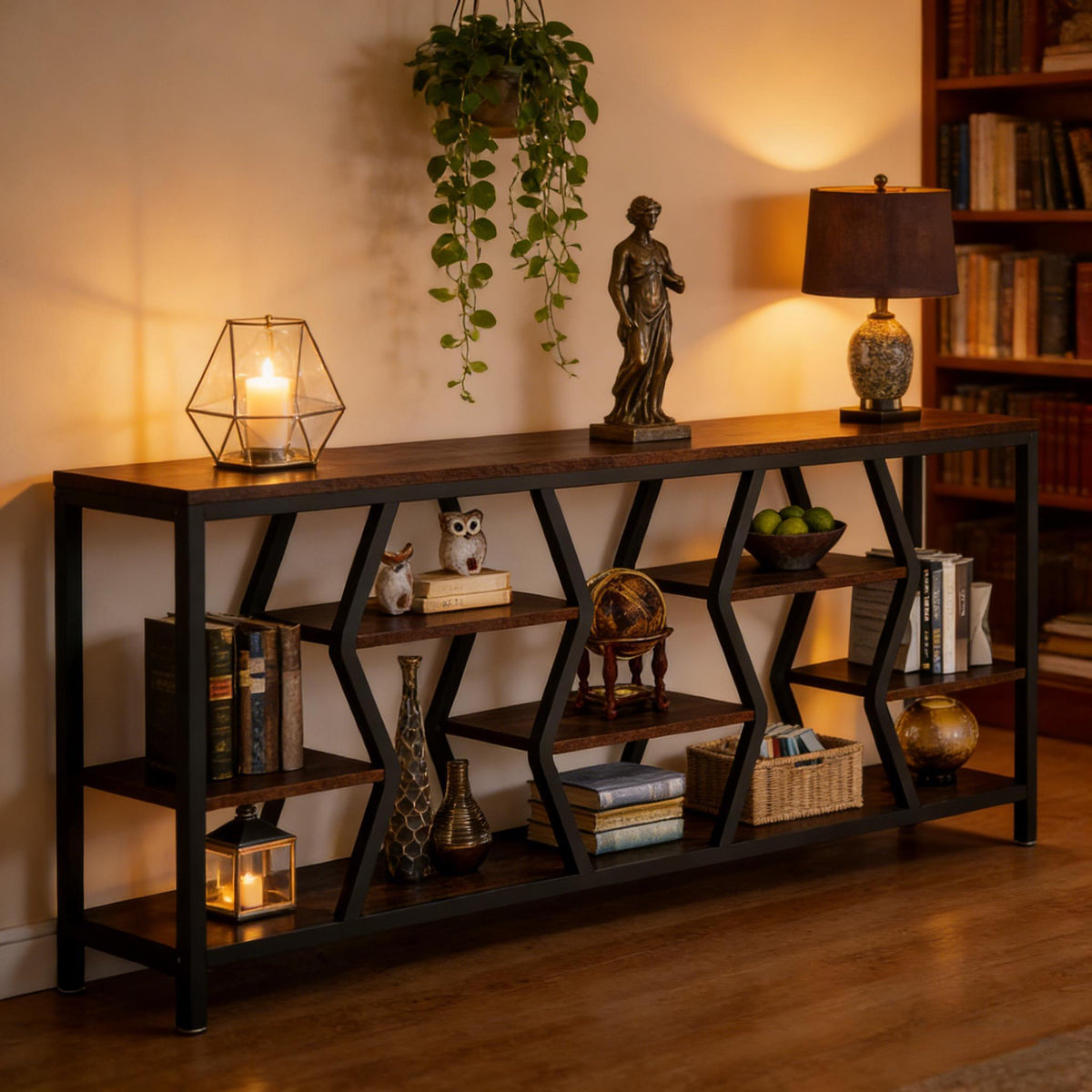 Durable sofa console table with storage, dark wood top and metal frame, plant and statue on Tampa Home & Garden Store