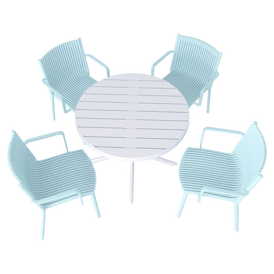 5 Piece Outdoor Set round table with 4 light blue plastic stackable armchairs HouseOfZazla on Tampa Home & Garden Store