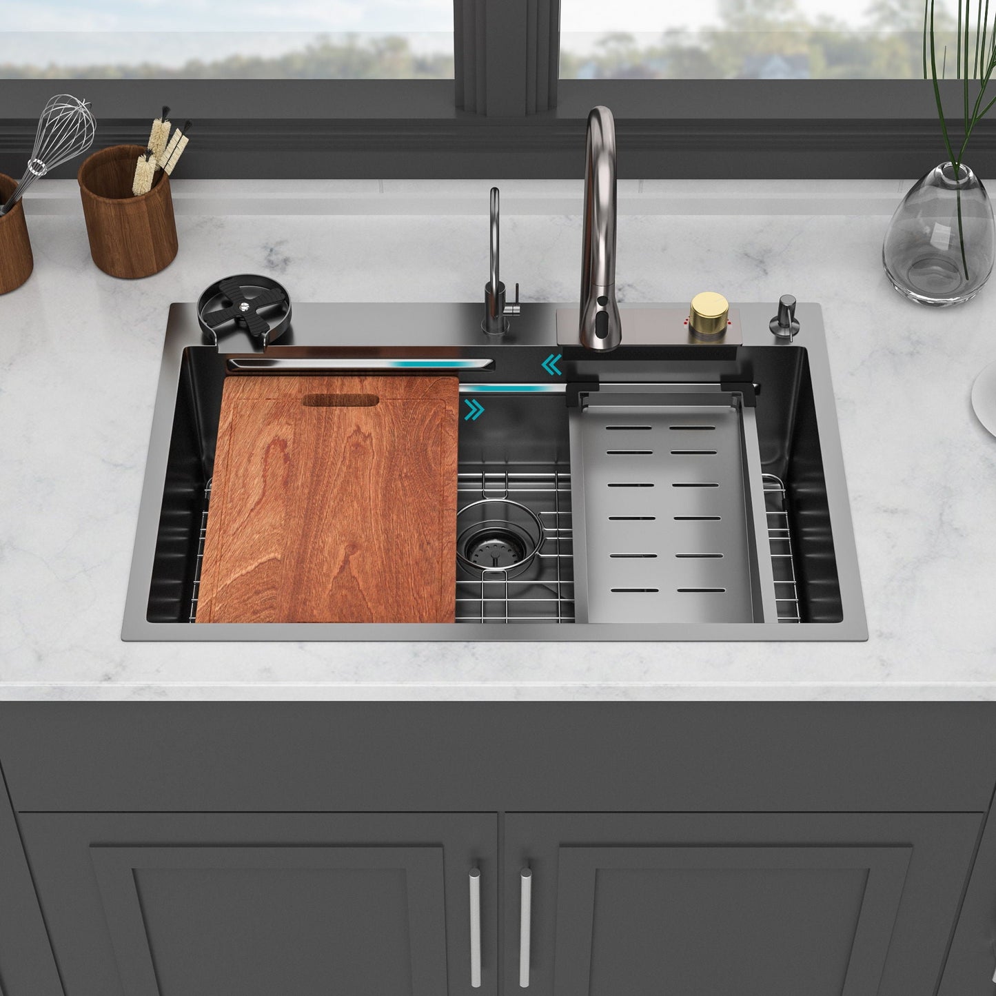 Brushed Waterfall Sink with Faucet and Cup Washer