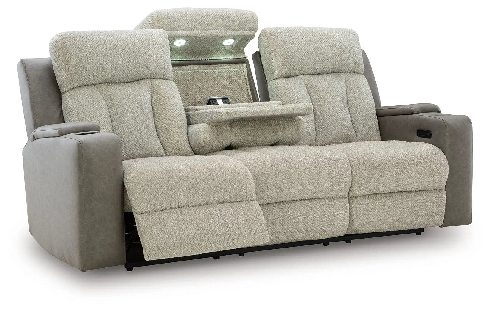 WhipLash power reclining sofa with adj headrests in sisal beige fabric, center console on Tampa Home & Garden Store