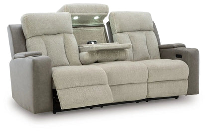 WhipLash power reclining sofa with adj headrests in sisal beige fabric, center console on Tampa Home & Garden Store