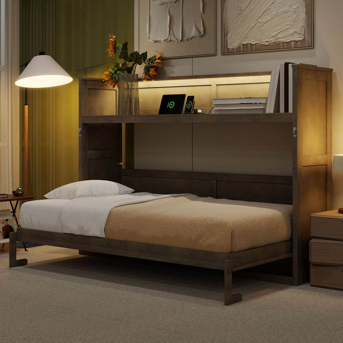 Murphy bed with desk in dark wood, built-in LED light and USB charger, compact workspace on Tampa Home & Garden Store
