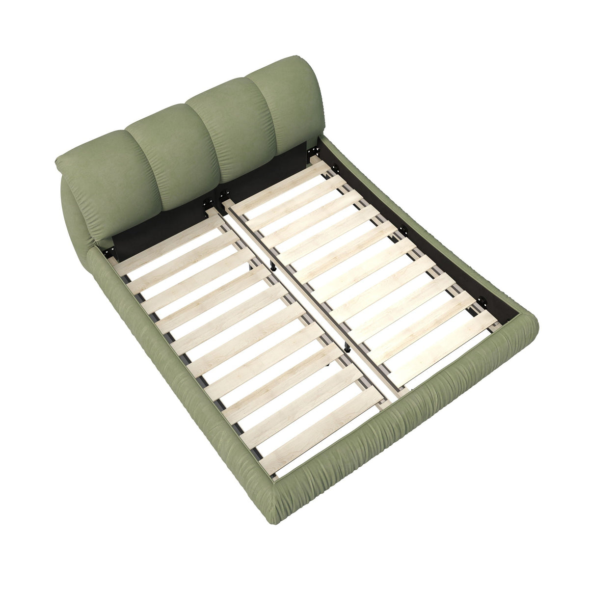 Olive green upholstered platform bed with oversized padded backrest and solid wood frame on Tampa Home & Garden Store