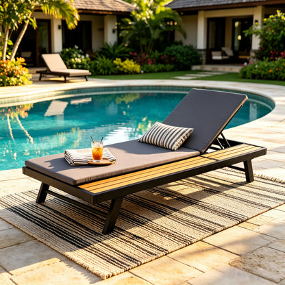 Black Iron and Teak Outdoor Chaise Lounge Set