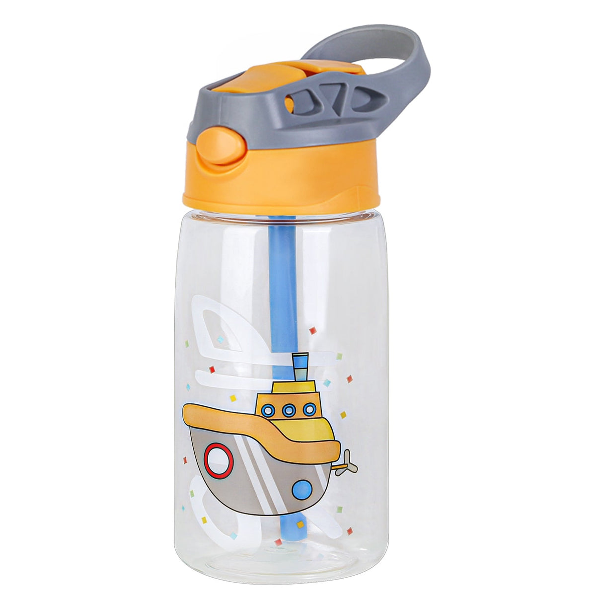 GemGear 16.2oz leak-proof kids water bottle with straw and push-button lid orange/gray, clear bottle with blue straw and ship graphic on Tampa Home & Garden Store