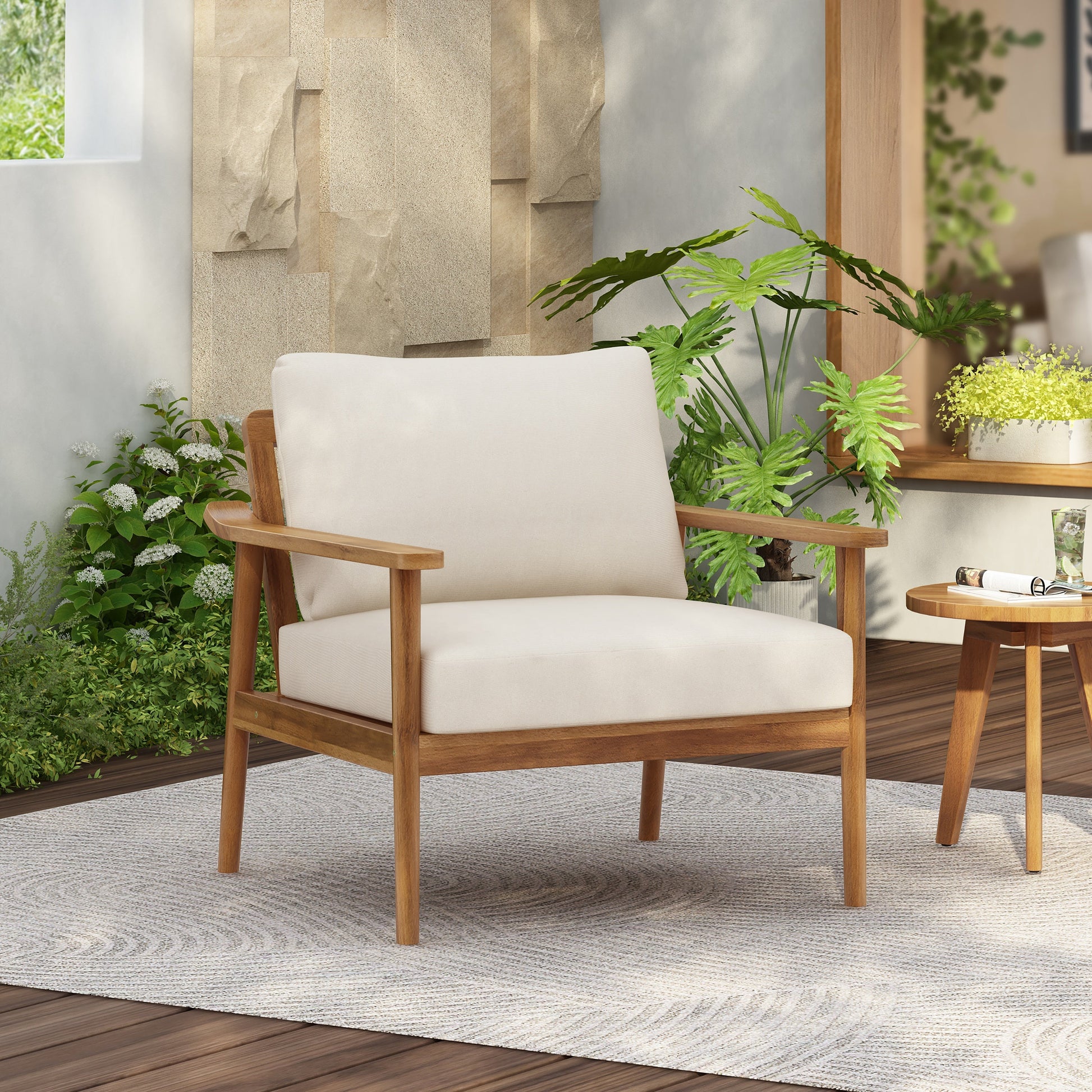 30.5-inch outdoor lounge chair with cushions, white fabric on wood frame by HouseOfZazla on Tampa Home & Garden Store