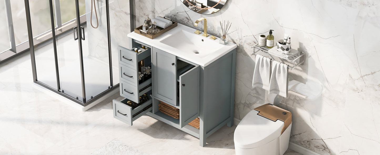 36-inch bathroom vanity with sink top in gray-blue finish, open drawers and cabinet on Tampa Home & Garden Store
