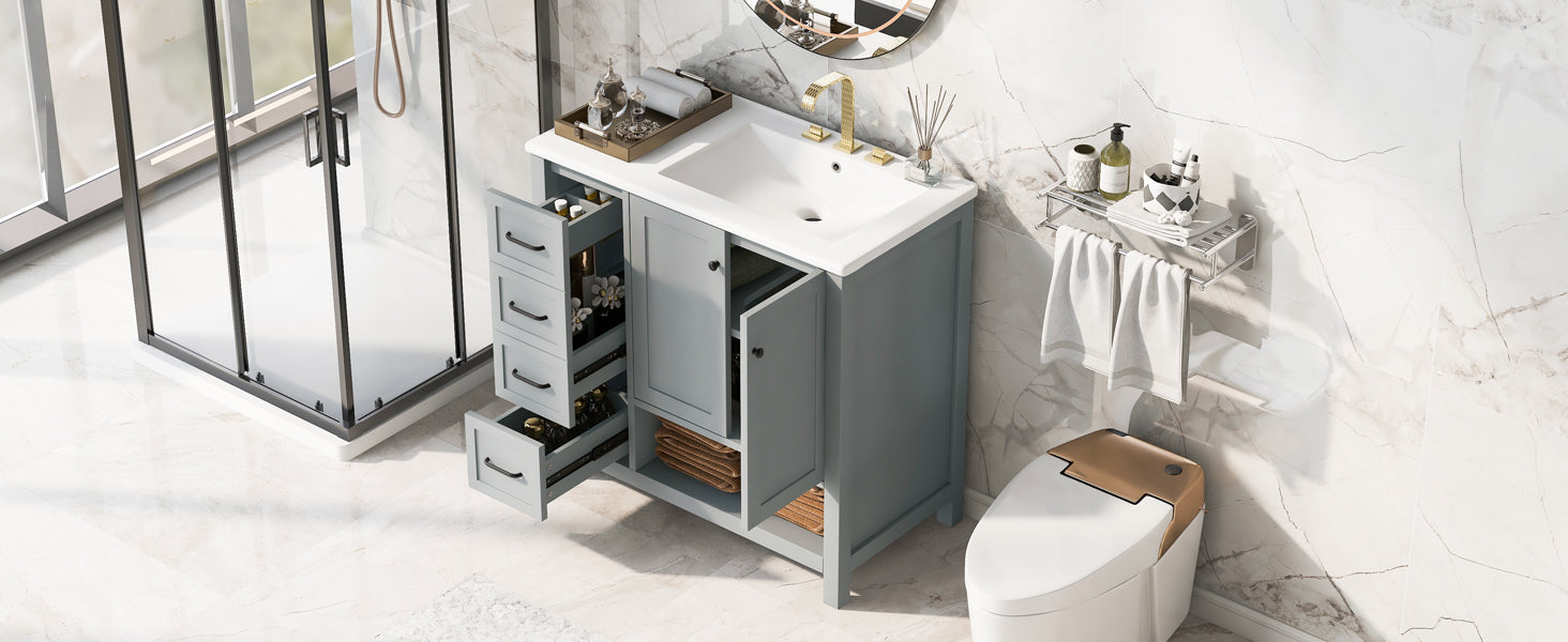 36-inch bathroom vanity with sink top in gray-blue finish, open drawers and cabinet on Tampa Home & Garden Store