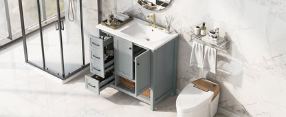 36-inch bathroom vanity with sink top in gray-blue finish, open drawers and cabinet on Tampa Home & Garden Store