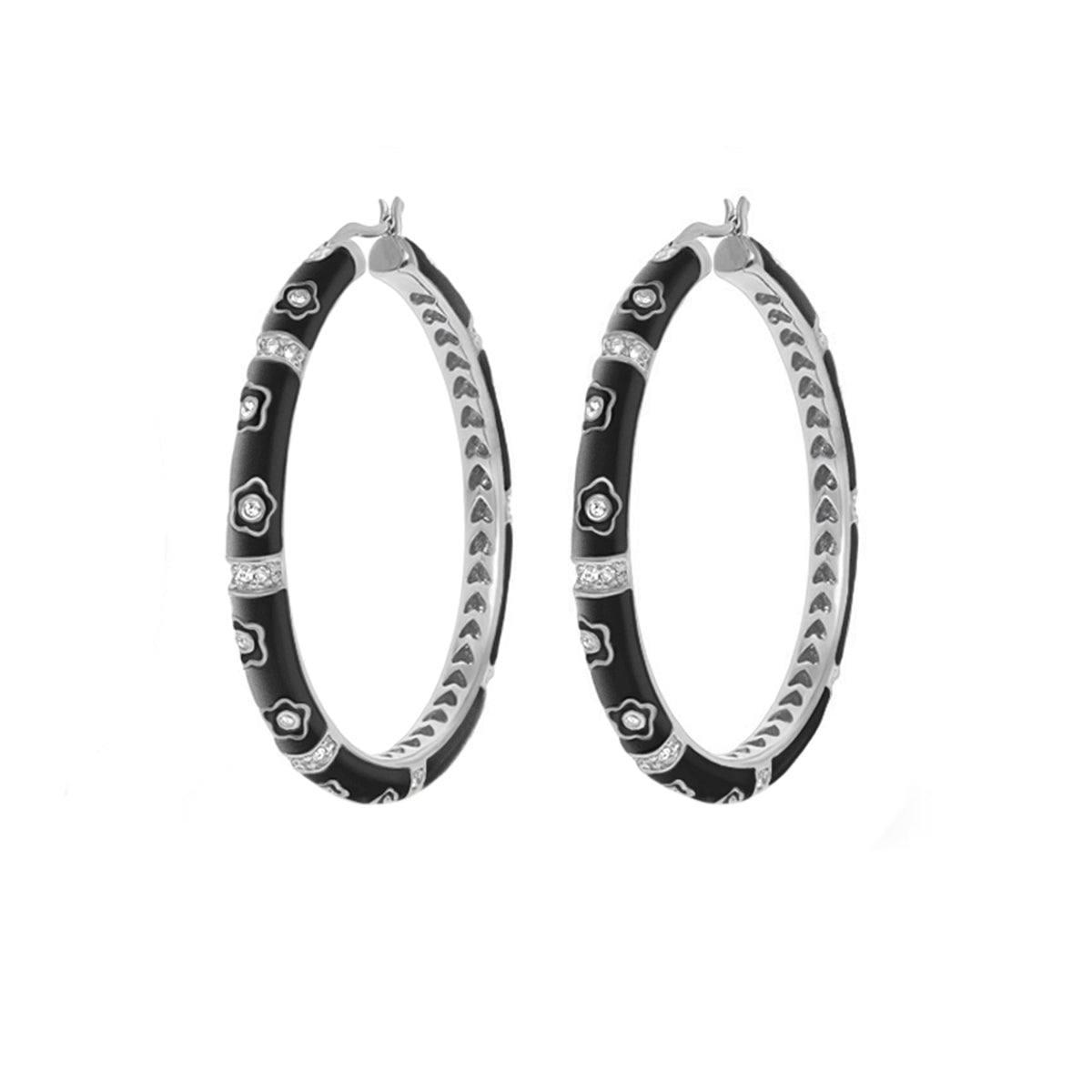 Daisy Love Earrings - Oval Hoop, black enamel with silver-tone flowers, Lauren G Adams pair on Tampa Home & Garden Store