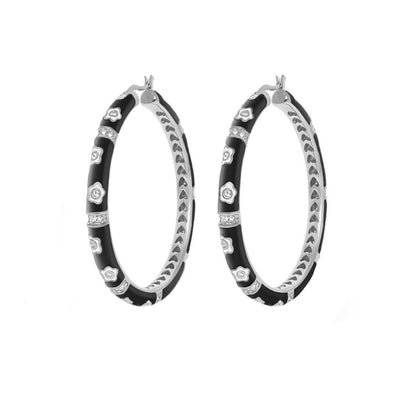 Daisy Love Earrings — Statement Oval Hoop pair in black enamel with silver floral accents on Tampa Home & Garden Store