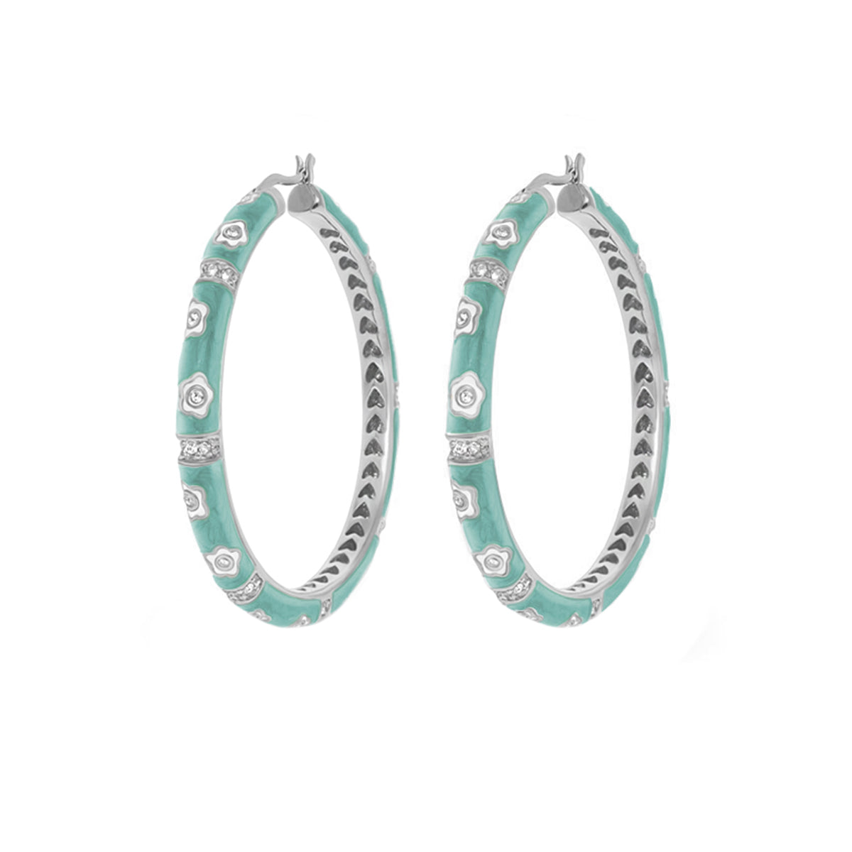 Daisy Love Earrings turquoise enamel statement oval hoops with floral silver accents on Tampa Home & Garden Store