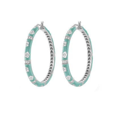 Daisy Love Earrings turquoise enamel statement oval hoops with floral silver accents on Tampa Home & Garden Store