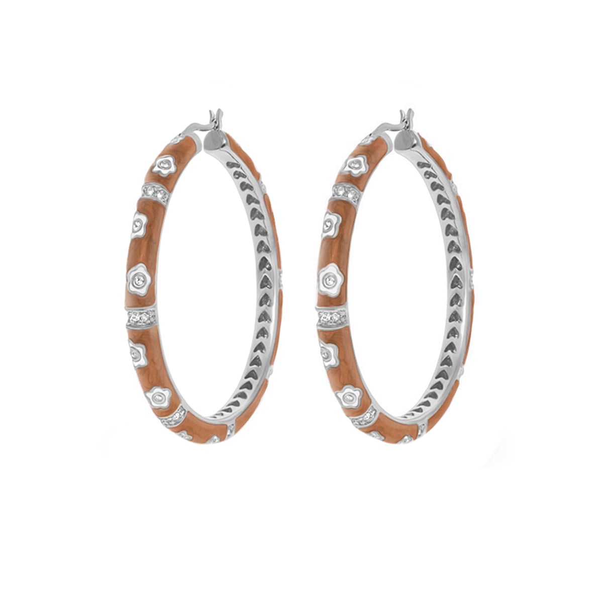Daisy Love Earrings — oval hoop pair in brown wood with silver daisy accents on Tampa Home & Garden Store