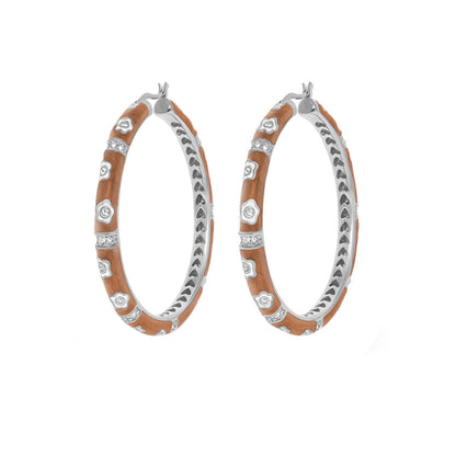 Daisy Love Earrings — oval hoop pair in brown wood with silver daisy accents on Tampa Home & Garden Store