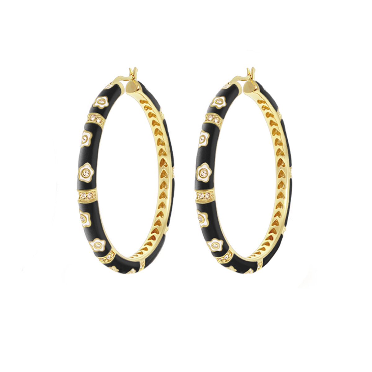 Daisy Love Earrings, Lauren G Adams; black enamel gold-tone oval hoops with daisy motifs, pair on Tampa Home & Garden Store