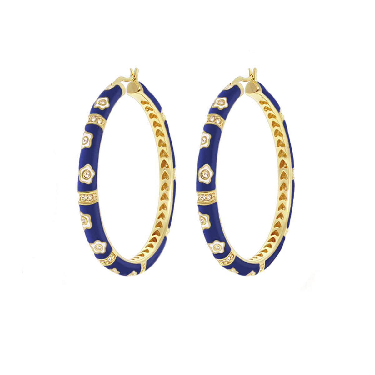 Daisy Love Earrings - Oval Hoop blue enamel with gold daisies Lauren G Adams earrings pair on Tampa Home & Garden Store