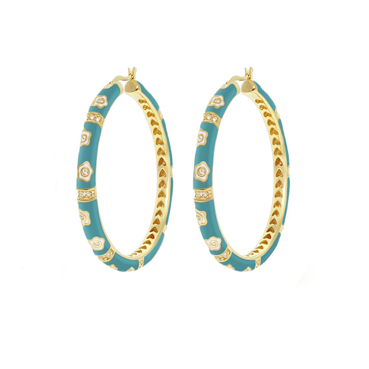 Daisy Love Earrings teal enamel oval hoops with gold-tone floral motifs crystal accents on Tampa Home & Garden Store