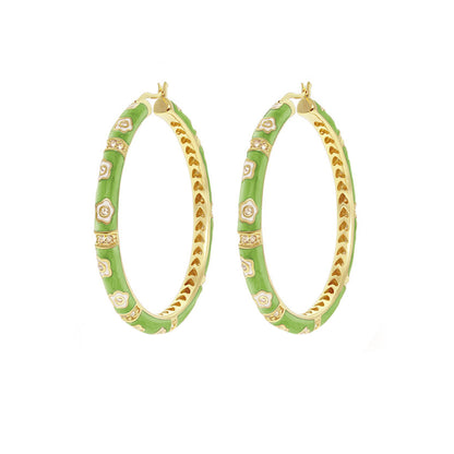 Daisy Love Earrings — green enamel oval hoops with daisy motifs and gold-tone trim on Tampa Home & Garden Store