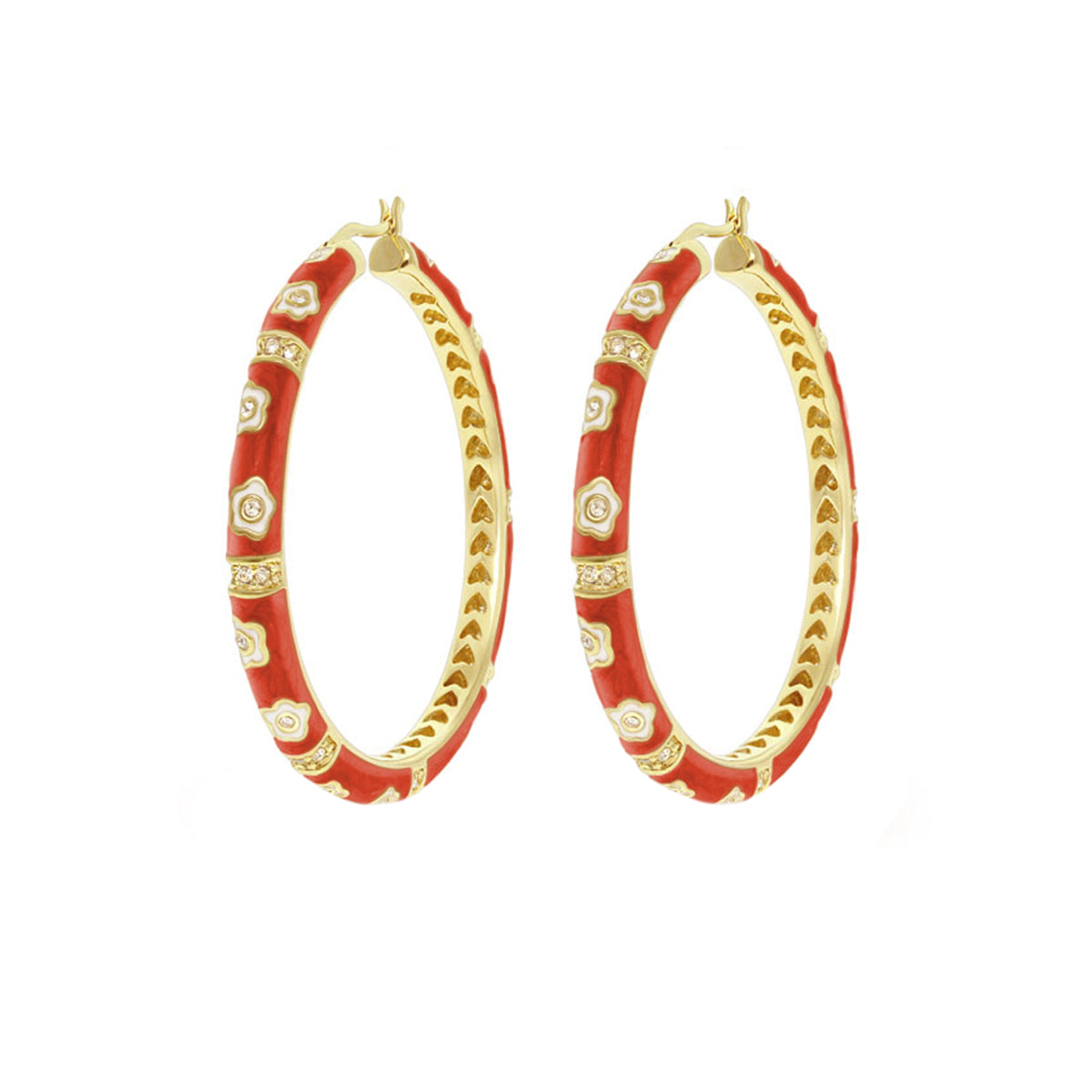 Daisy Love Earrings pair red enamel gold-tone hoops with white floral daisies on Tampa Home & Garden Store