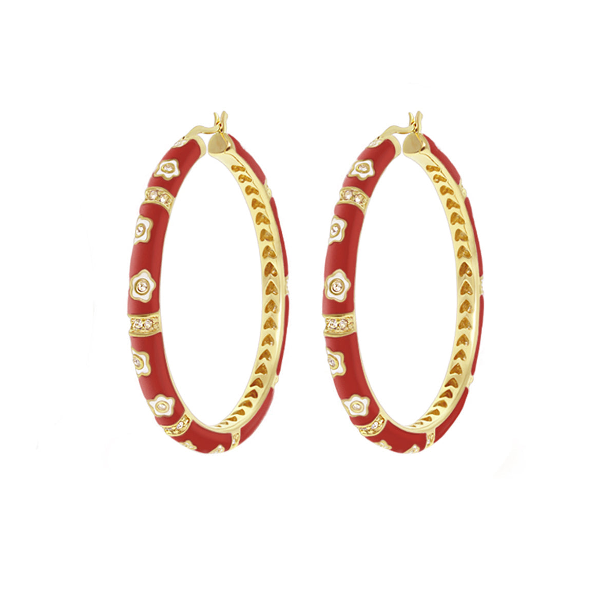 Daisy Love Earrings — Oval Hoop, red enamel with gold-tone floral bands, crystal accents on Tampa Home & Garden Store