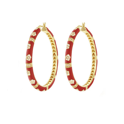 Daisy Love Earrings — Oval Hoop, red enamel with gold-tone floral bands, crystal accents on Tampa Home & Garden Store