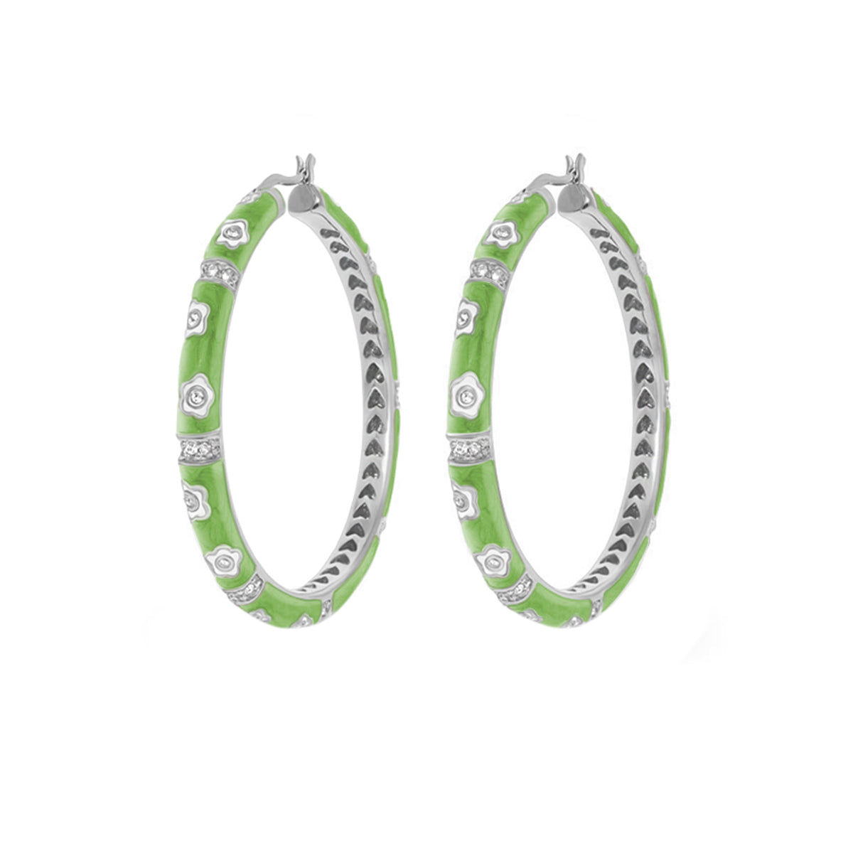 Daisy Love Earrings — Statement Oval Hoop green enamel with silver flower accents, pair on Tampa Home & Garden Store