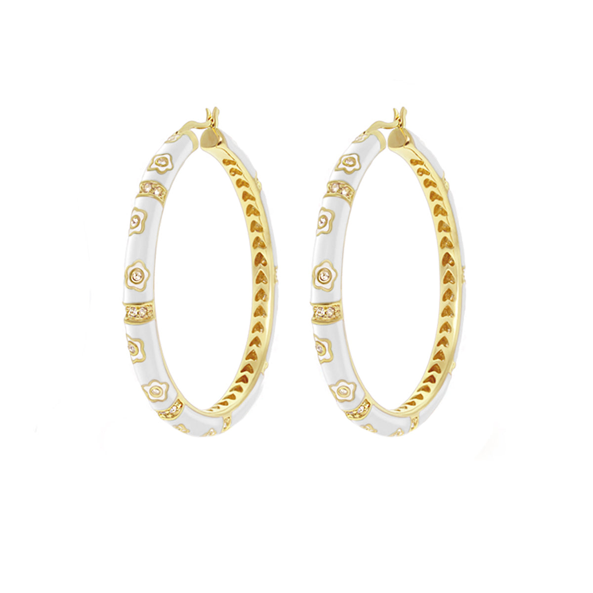 Daisy Love Earrings — Statement Oval Hoop pair, gold-tone with white enamel daisy motifs on Tampa Home & Garden Store
