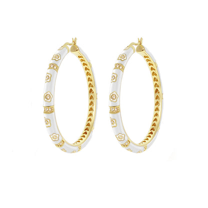 Daisy Love Earrings — Statement Oval Hoop pair, gold-tone with white enamel daisy motifs on Tampa Home & Garden Store