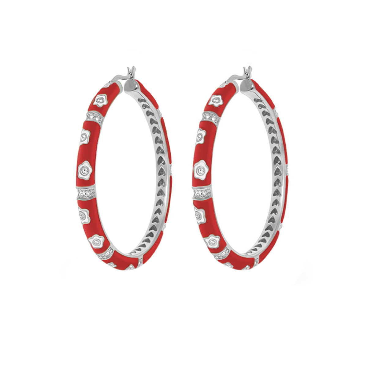 Daisy Love Earrings — red enamel oval hoops with trim, daisy motifs and rhinestones, pair on Tampa Home & Garden Store