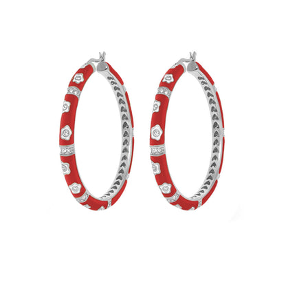 Daisy Love Earrings — red enamel oval hoops with trim, daisy motifs and rhinestones, pair on Tampa Home & Garden Store