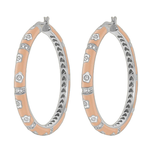 Daisy Love Earrings by Lauren G Adams, peach enamel oval hoops with floral accents on Tampa Home & Garden Store