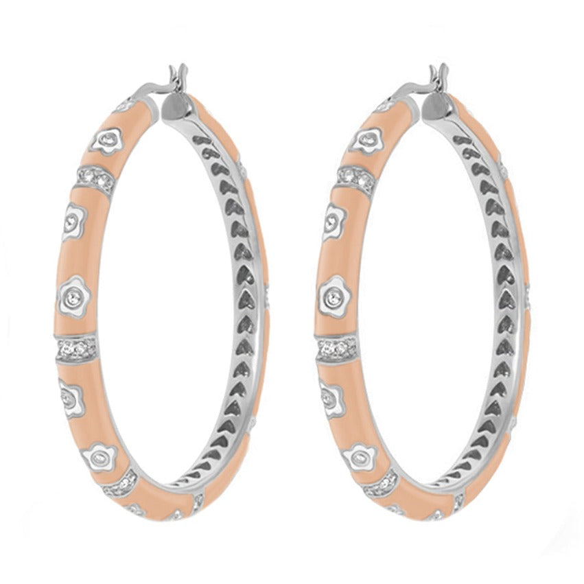 Daisy Love Earrings — Oval Hoop, peach enamel with silver florals, by Lauren G Adams, pair on Tampa Home & Garden Store
