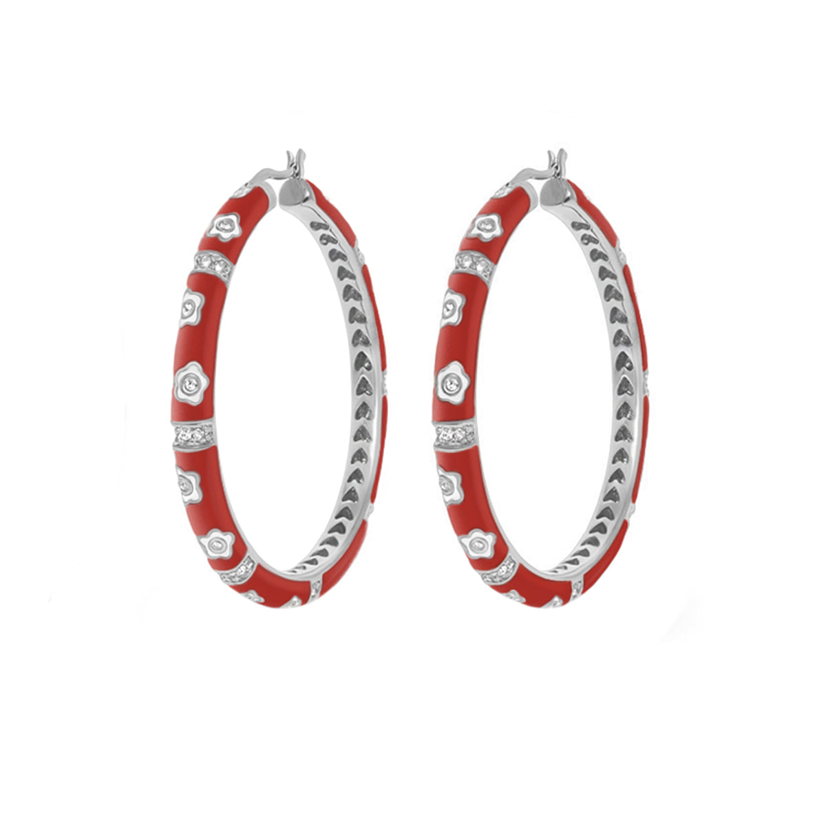 Daisy Love Earrings - Statement Oval Hoop red-enamel silver daisies and rhinestones pair on Tampa Home & Garden Store