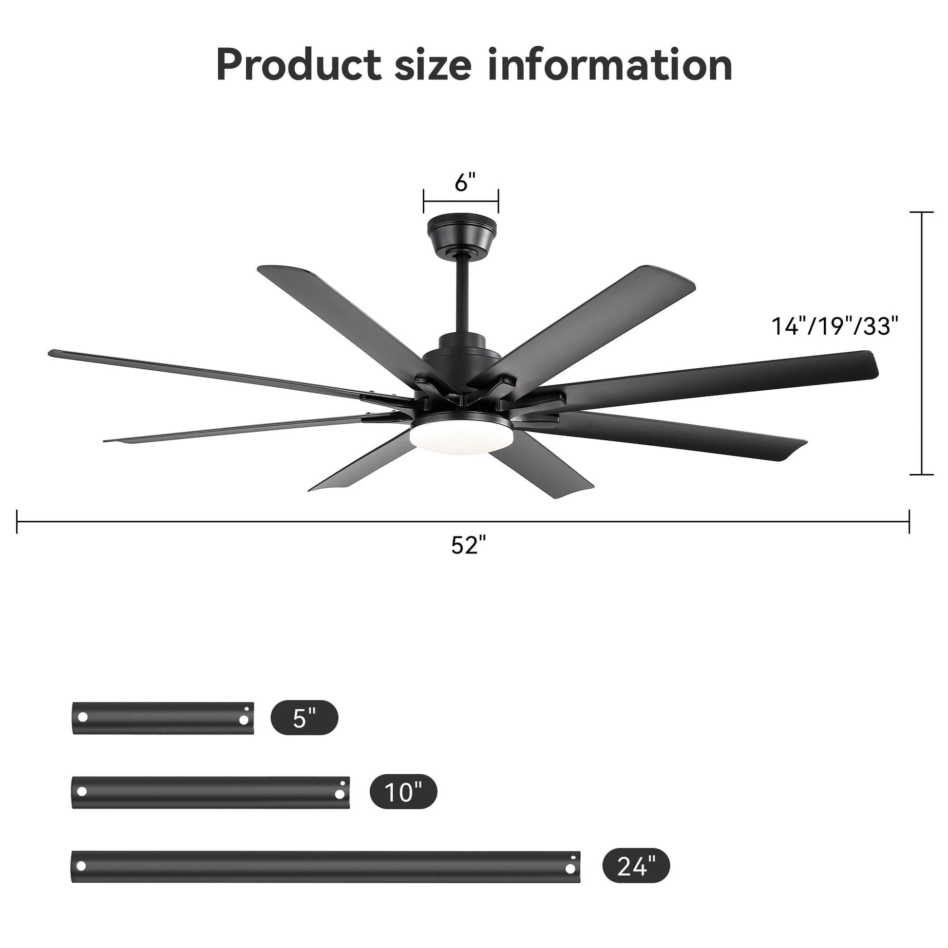 Black 8-blade ceiling fan with built-in light kit and remote control on Tampa Home & Garden Store