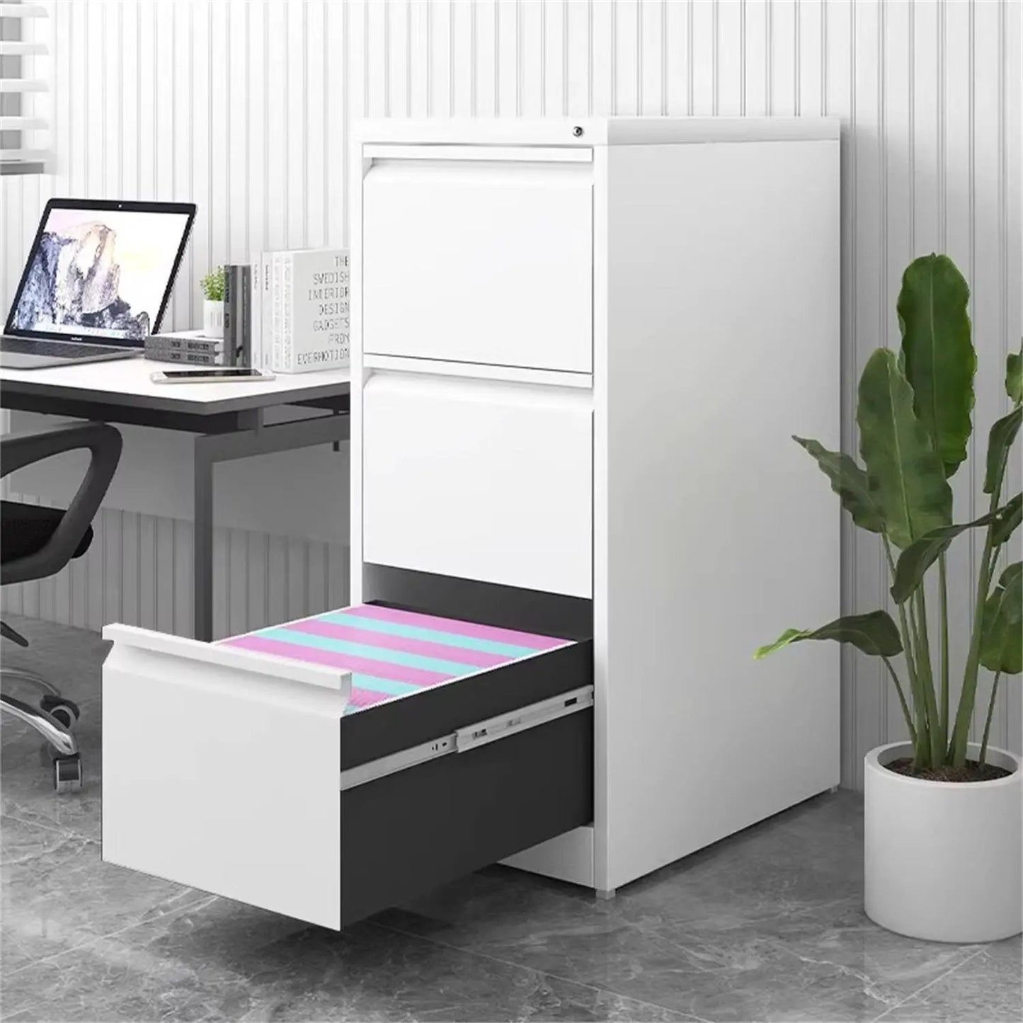Durable metal 3-drawer file cabinet with lock white finish bottom drawer open with liner on Tampa Home & Garden Store