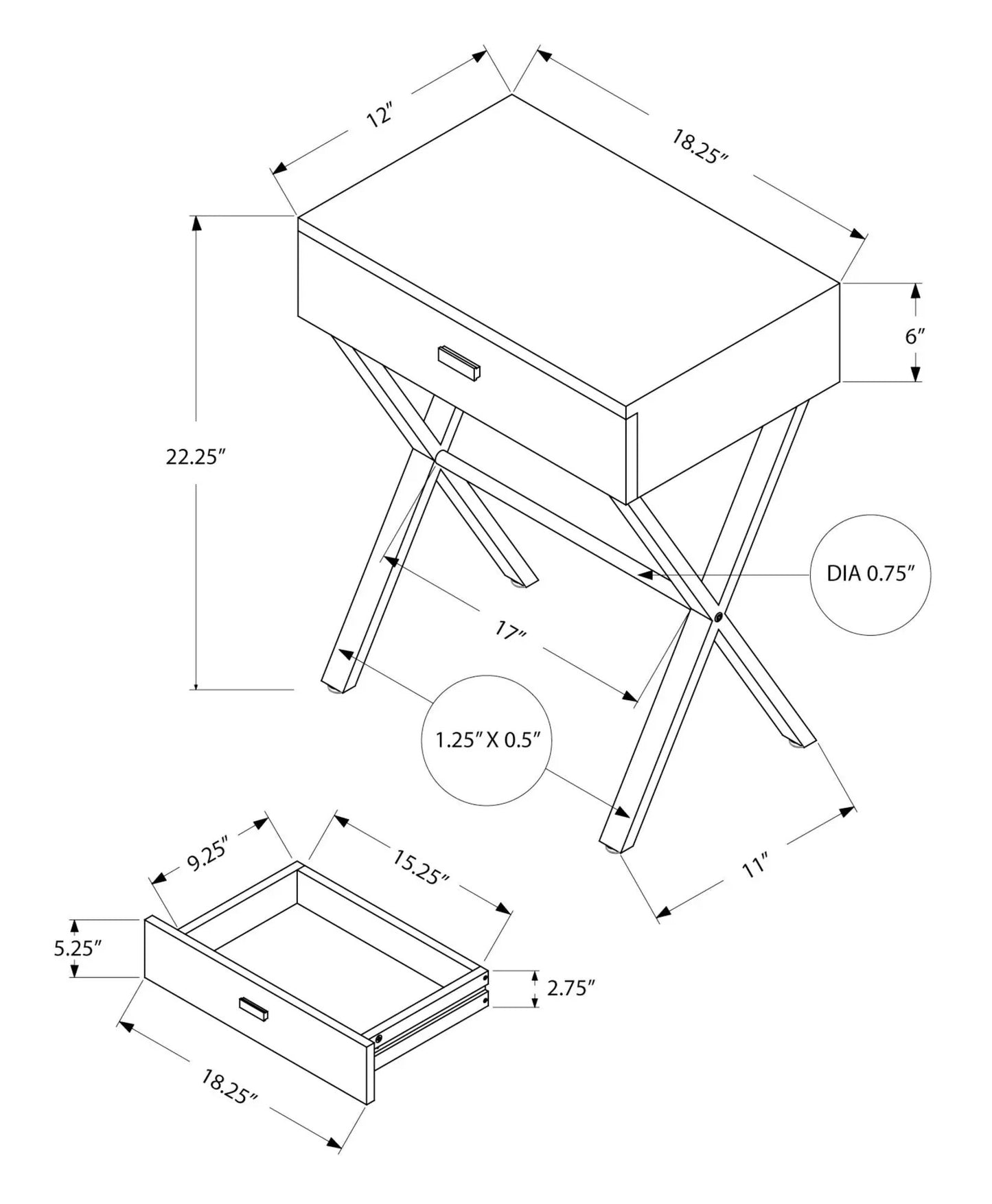 Accent Side X Table Storage Drawer Modern