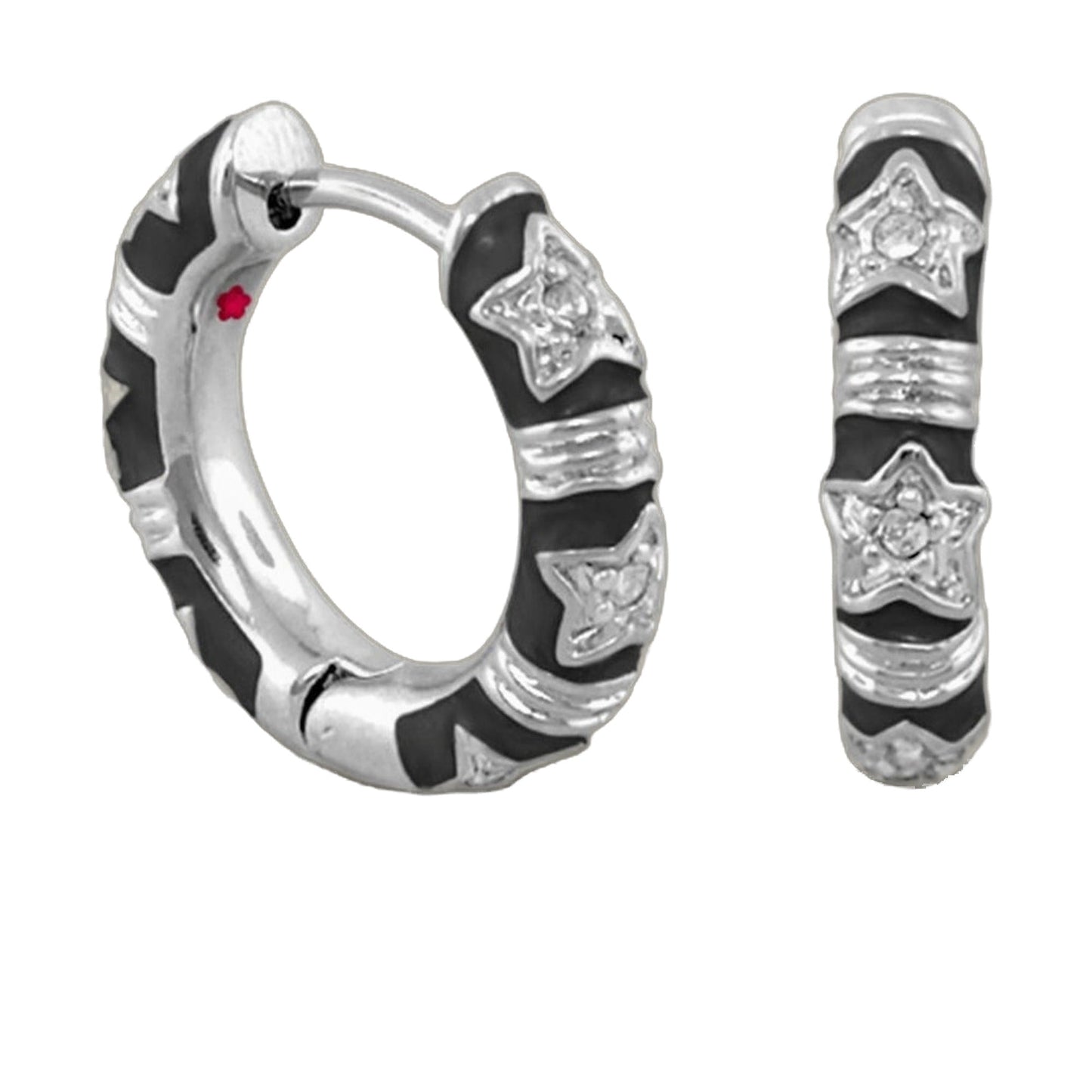 Stars of Night Wide Huggie pair of earrings in silver-tone with black enamel and star crystal accents on Tampa Home & Garden Store